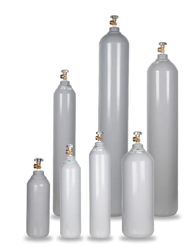 Grupo de cilindros de nitrogênio MAT de 7L, 10L, 15L, 20L, 21L, 40L e 50L, mostrando a diferença de tamanho entre os modelos